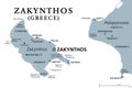 Zakynthos, Zykinthos or Zante, Greek island, gray political map