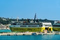 Zakynthos, Greece Andreas Kalvos Levante Ferries car passenger boat with distinctive colors and logo moored on a calm sea port in