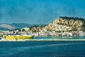 Zakynthos, Greece Andreas Kalvos Levante Ferries car passenger boat with distinctive colors and logo moored on a calm sea port in Royalty Free Stock Photo