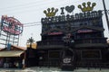 Zakynthos, Greece Nightclub entrances exterior with overhead signs in Laganas. Royalty Free Stock Photo