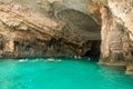 Zakynthos, Greece 28 July 2023. People swimming in the blue caves in Zakynthos island in Greece. Famous touristic destination.