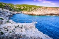 Zakynthos, Greece. Picturesque Porto Roxa rocky beach, Greek Islands Royalty Free Stock Photo