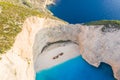 Zakynthos island Greece shipwreck Navagio beach travel vacation background drone view aerial photo Royalty Free Stock Photo