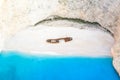 Zakynthos island Greece shipwreck Navagio beach travel vacation background drone view aerial photo Royalty Free Stock Photo