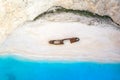 Zakynthos island Greece shipwreck Navagio beach travel vacation background drone view aerial photo Royalty Free Stock Photo