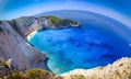 Zakynthos shipwreck beach. Navagio Bay panorama with boats