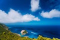 Zakynthos west fantastic coastal view. Lonely white cliff rock in sea. White tourist ship sailing full speed on open