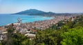 Zakyntos city and port from top panorama view, with the blue sky, sea, and mountain in background Royalty Free Stock Photo