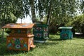 Wooden beehives decorated with painted flowers in polish village, Zalipie
