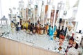 Zalischyky, Ukraine - March 13, 2020: Bottles of alcohol at wedding bar table