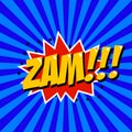 Zam! Comic style phrase on sunburst background. Design element f