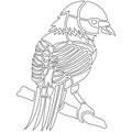 Zamba bird sits on a branch contour of anti-stress coloring drawn by various lines in a flat style. Suitable for tattoo, logo