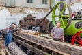 ZAMBERK, CZECHIA - SEPTEMBER 15, 2018: Portable steam engine powering the saw mill in the Old Machines and Technologies Royalty Free Stock Photo