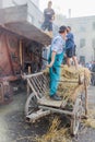 ZAMBERK, CZECHIA - SEPTEMBER 15, 2018: Threshing of grain in a wooden threshing machine in the Old Machines and Royalty Free Stock Photo