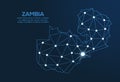 Zambia communication network map. Vector low poly image of a global map with lights in the form of cities. Map in the form of a