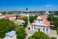 Zamosc, Poland. Aerial view of old town and city main square with town hall. Bird`s eye view of the old city. UNESCO World