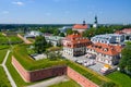 Zamosc, Poland. Aerial view of old town and city main square with town hall. Bird`s eye view of the old city. UNESCO World