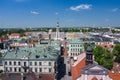 Zamosc, Poland. Aerial view of old town and city main square with town hall. Bird`s eye view of the old city. UNESCO World