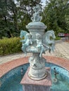 Zamosc, Poland, September 3, 2023: A small, decorative fountain on the edge of a park in Zamosc, Poland