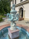 Zamosc, Poland, September 3, 2023: A small, decorative fountain on the edge of a park in Zamosc, Poland