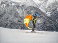 Zams, Austria - 22 Februar 2015: Children in ski school. Ski resort. A boy on skis goes from mountain