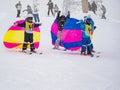 Zams, Austria - 22 Februar 2015: Children in ski school. Ski resort. Child learning to ski in winter