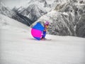 Zams, Austria - 22 Februar 2015: Children in ski school. Ski resort. Child on skis goes from mountain