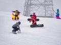 Zams, Austria - 22 Februar 2015: Young people learn to ride to skateboard