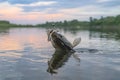 Zander fishing. Walleye fish on hook in water