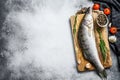 Zander, walleye with herbs. Raw fish. Gray background. Top view. Copy space