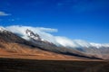 Zanskar-padum valley landscape view with snowy Himalaya mountains covered with snow and fog