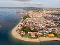 Zanzibar Aerial Shot of Stone Town Beach with Traditional Dhow Fisherman Boats in the Ocean at Sunset Time Royalty Free Stock Photo