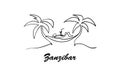 Zanzibar hammock in palm trees,one line style sketch vector illustration.