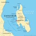 Zanzibar Island, Unguja, Tanzania, in the Indian Ocean, political map