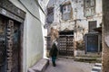 Stone town street with old caved doors