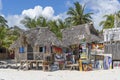 Front view of African shop of paintings and souvenirs for tourists on the sand tropical beach in Zanzibar island, Tanzania, east