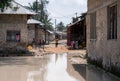 Zanzibar, Tanzania - JANUARY 2020: Black African People in their Usual Lifestyle on Streets with Paddles after rain in