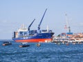 ZANZIBAR, TANZANIA - JANUARY 16, 2017: CMA CGM Container vessel Levina in Zanzibar port during cargo operation