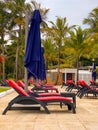 Zanzibar, Tanzania - January 4, 2021: Empty sun loungers in Melia Zanzibar hotel Royalty Free Stock Photo