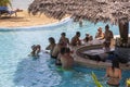 European tourists relaxing at the beach bar in the swimming pool at a tropical resort near the sea on the island of Zanzibar, Royalty Free Stock Photo