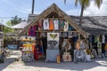 Front view of African shop clothes and souvenirs for tourists on the beach in Zanzibar island, Tanzania, east Africa