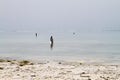 Seaweed farmers in the blue water off the white beach in Zanzibar