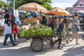 African man carrying a cart of tropical fruits at a local street food market on the island of Zanzibar, Tanzania, east Africa Royalty Free Stock Photo