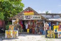 Front view of African shop clothes and souvenirs for tourists on the beach in Zanzibar island, Tanzania, east Africa