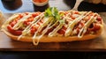 Zapiekanka pizza - long baguette slice topped with mushrooms, cheese, and a ketchup-mayo drizzle