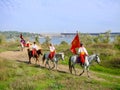 Zaporizhzhia, Ukraine - 14 JULY 2010: Ukrainian Cossacks on the island of Khortytsya Khortytsia. Royalty Free Stock Photo