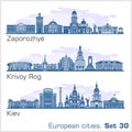 Zaporozhye, Krivoy Rog, Kiev City skyline set. Ukraine. Vector silhouette on white. Royalty Free Stock Photo