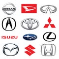 ZAPOROZHYE, UKRAINE - DECEMBER 20, 2017:Collection of japanese car logos printed on white paper: Mazda, Honda, Mitsubishi, Toyota