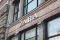 Zara Store display window on Khreschatyk street. Signboard logo brend sign and showcase window of Mango store, shop, mall,