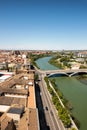 Zaragoza city in Spain. Aerial cityscape view over Ebro river with stone bridge. Royalty Free Stock Photo